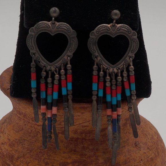Sterling Silver Heart Feather Turquoise Coral Bead Earrings by QT - Picture 5 of 8